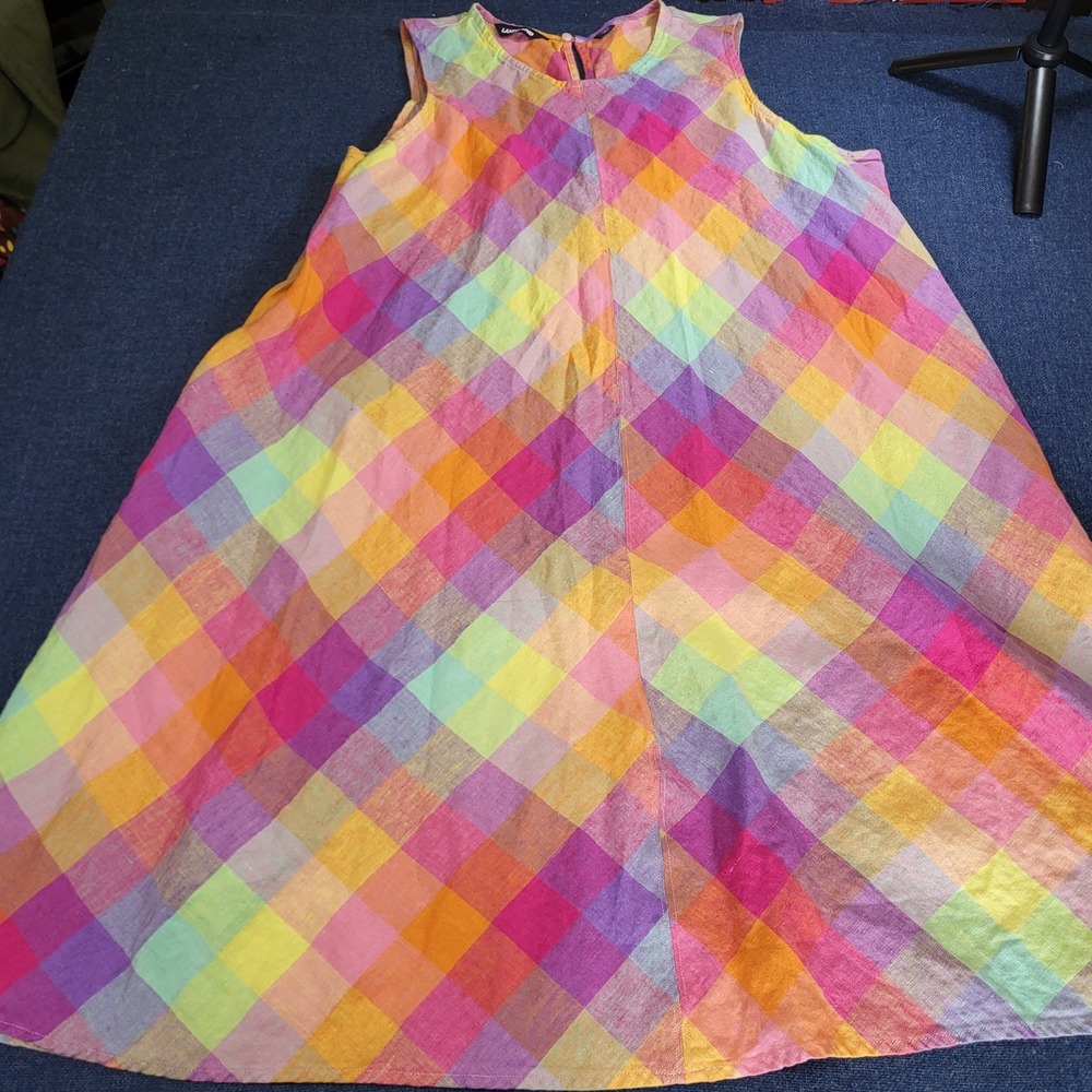 Lands End Women 1X 16W-18W 100% Linen Dress Sleeveless Rainbow Plaid Midi A-Line